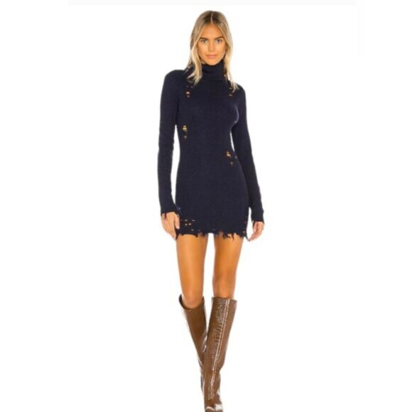 Lovers and Friends Keeney Distressed Sweater Mini Dress in NAVY BLUE Small NWT - Picture 1 of 10